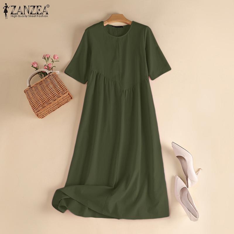 ZANZEA Летнее повседневное свободное платье с круглым вырезом и короткими рукавами
