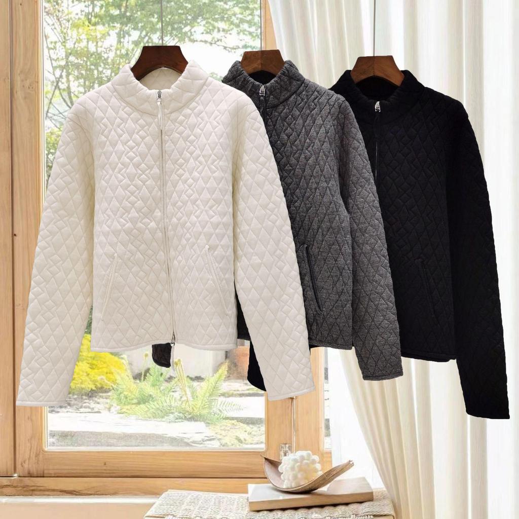 Nanyou Women's Wool Diamond Pattern Stand Collar Zipper Jacket - Versatile Stylish Long Sleeve Autumn/Winter Cardigan