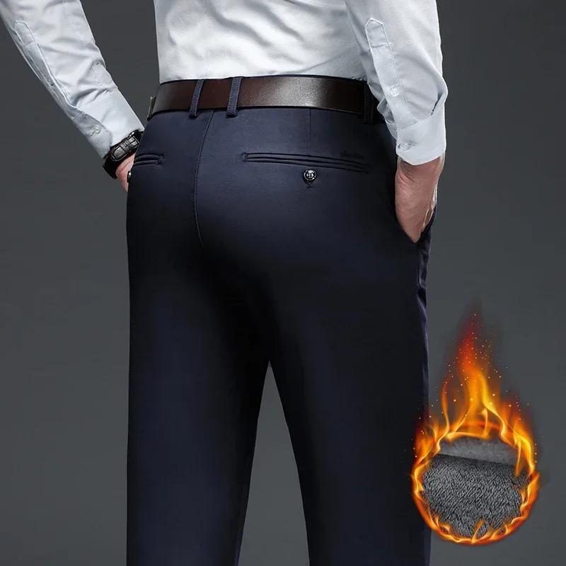 Классический стиль зимние теплые мужские деловые прямые повседневные брюки из эластичной ткани офисные брюки флисовые утепленные брюки