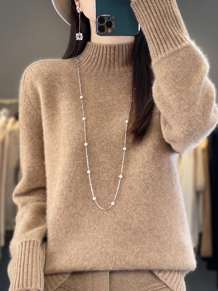 Women's 100% Pure Wool Thickened Long Sleeve Sweater - Zeng Li Style, Half-High Neck, Loose Base Layer for Autumn/Winter 2025