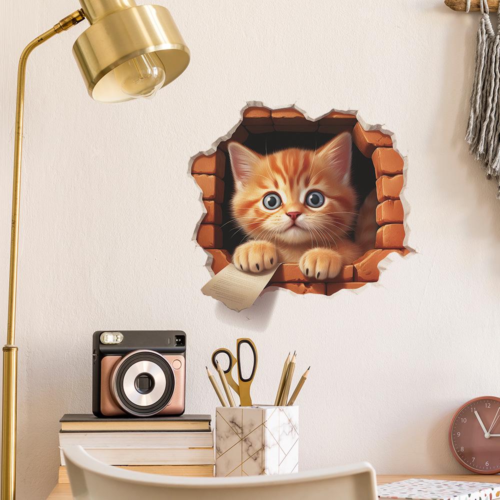 Cartoon Fun Broken Wall Cat Bedroom Living Room Porch Background Beautifying Wall Stickers Self-adhesive