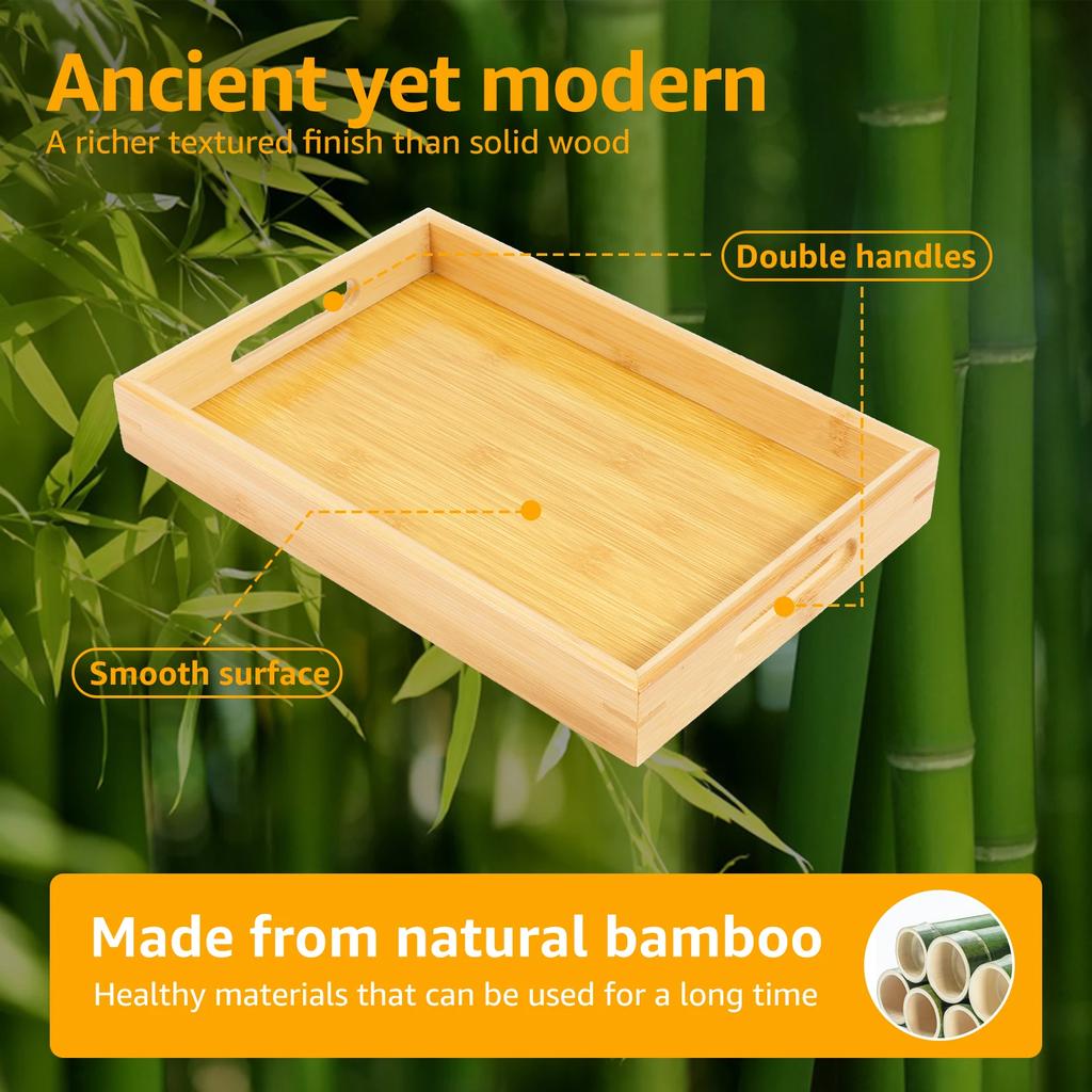 Бамбуковый сервировочный поднос с ручками Современные сервировочные подносы Блюдо Поднос из цельного бамбука Прямоугольный Декоративный поднос Эргономичный бамбуковый поднос для завтрака