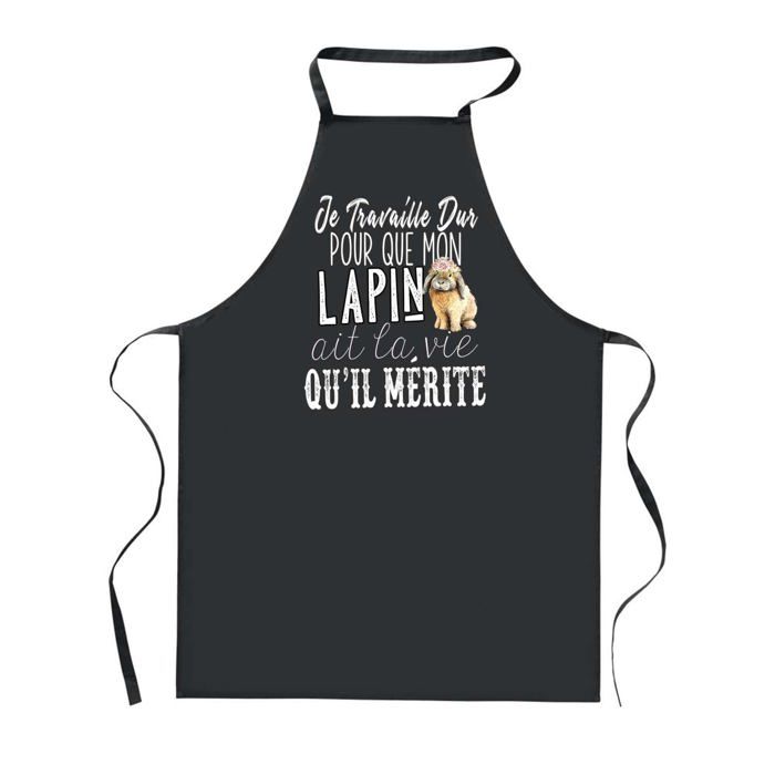 Tablier de cuisine - PLANETEE - Lapin Travailler Dur - Noir - 90x60 cm - Impression France