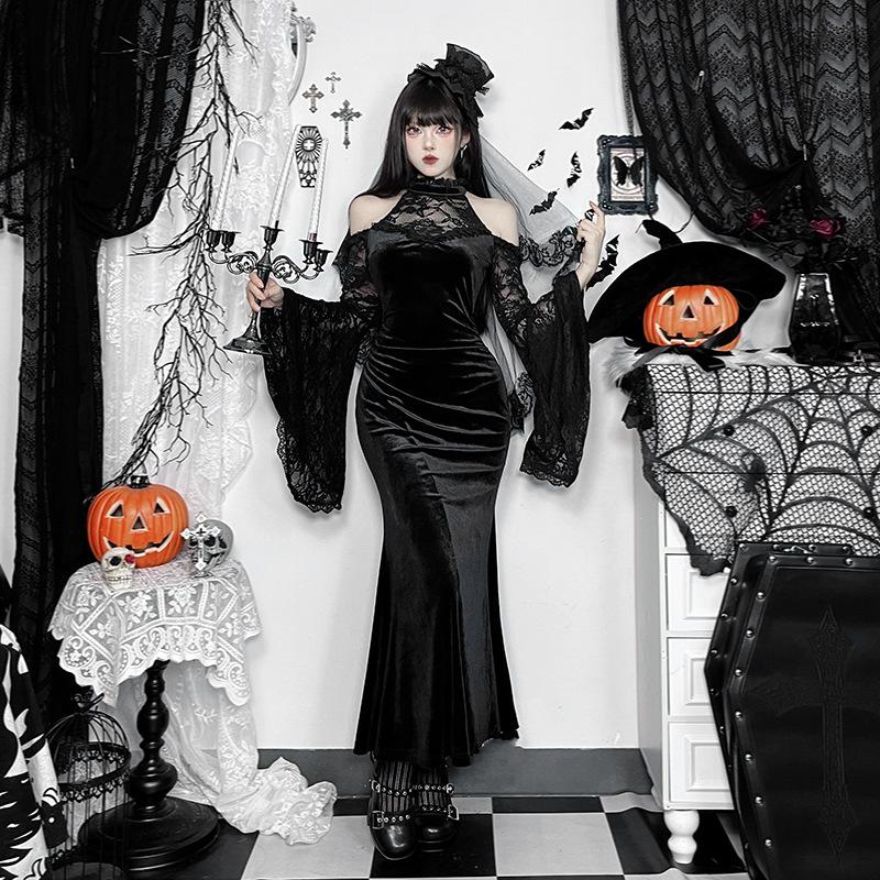 AltGoth Palace Style Готическое бархатное платье для женщин Хэллоуин Fairycore Grunge кружевное пэчворк халтер с высокой талией корсетное платье праздничная одежда