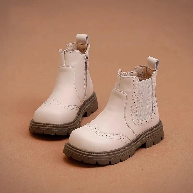 2024 Детские короткие ботинки для девочек осень-зима, новые модные французские туфли с мягкой подошвой, нескользящие, универсальные, шикарные, кожаные