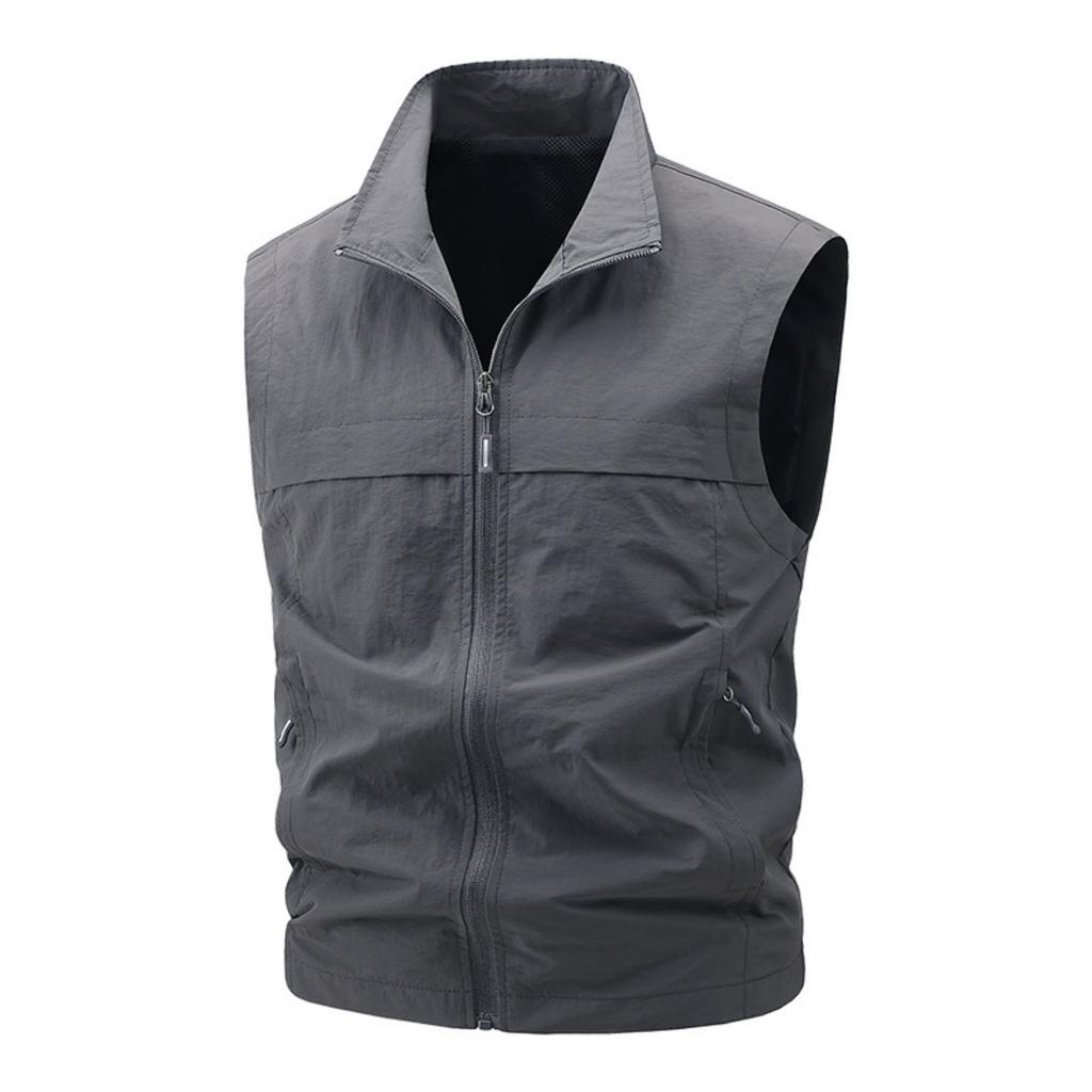 Spring Autumn Men Stand Collar Casual Vest Thin Breathable Quick Dry Sleeveless Multi Pocket Outdoor Photography Waistcoat