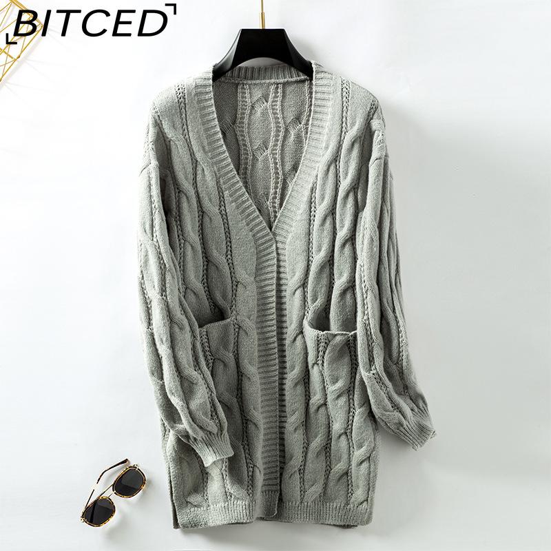BITCED Twisted Knot Knit Cardigan for Women Autumn/Winter Vintage Loose-Fit Mid-Length Sweater Jacket