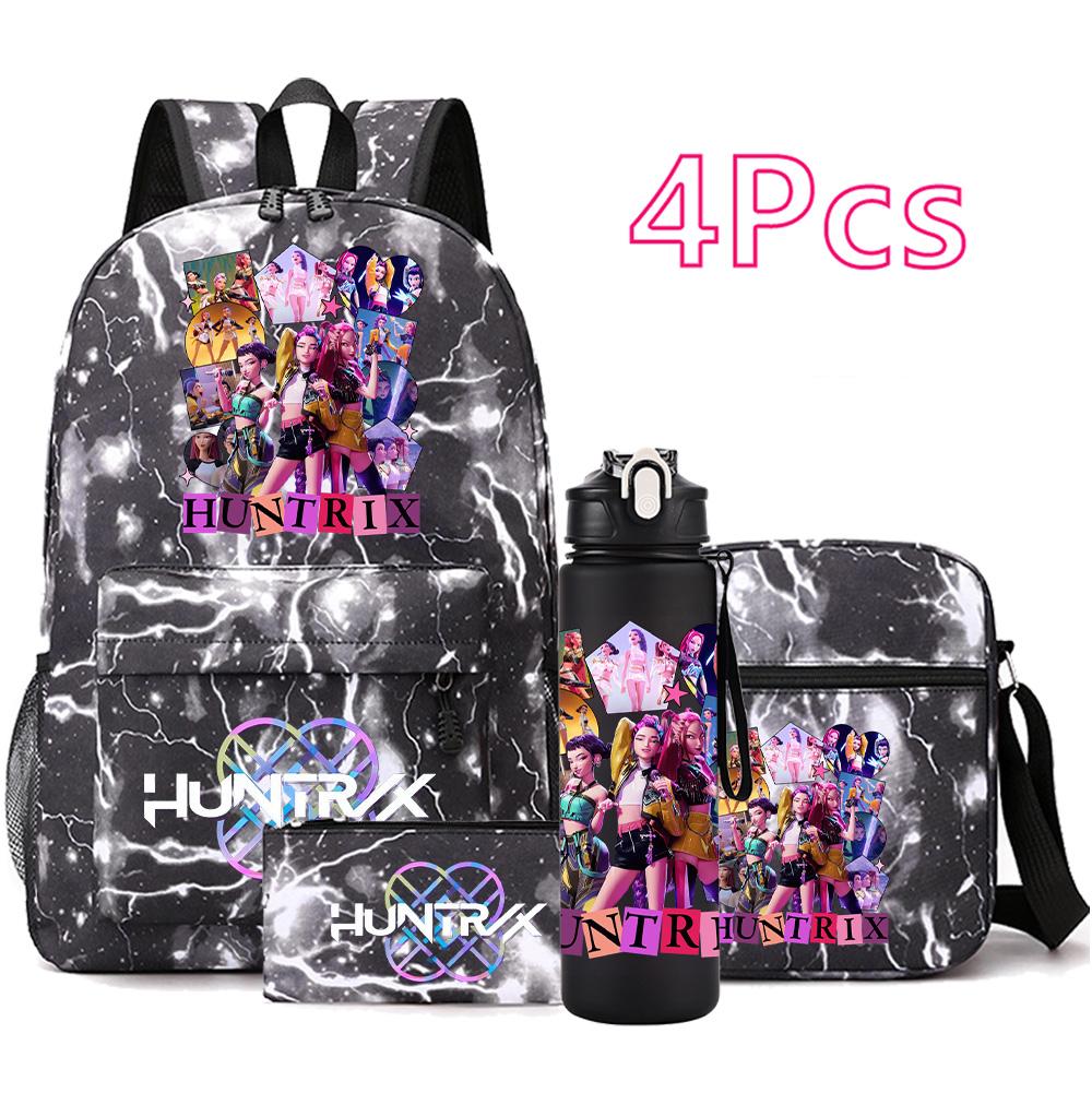 4Pcs/set Anime Demon Hunters Printed Backpack Bookbag Shoulder Bag Case Bag with 750Ml Water Bottler for Boy Girl Large Capacity Schoolbag