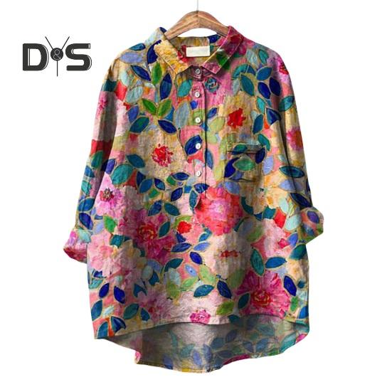 Женская рубашка с лацканами и пуговицами на рукавах 3/4, рубашка с вырезом, топы с цветочным принтом, свободная посадка, повседневная рубашка, тонкая блузка, уличная одежда