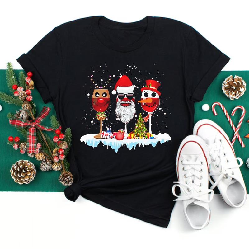 Polyester 100% New Christmas Happy Christmas Tree Santa Claus Casual and Fashionable Round-neck Short-sleeved Women's Base Tops