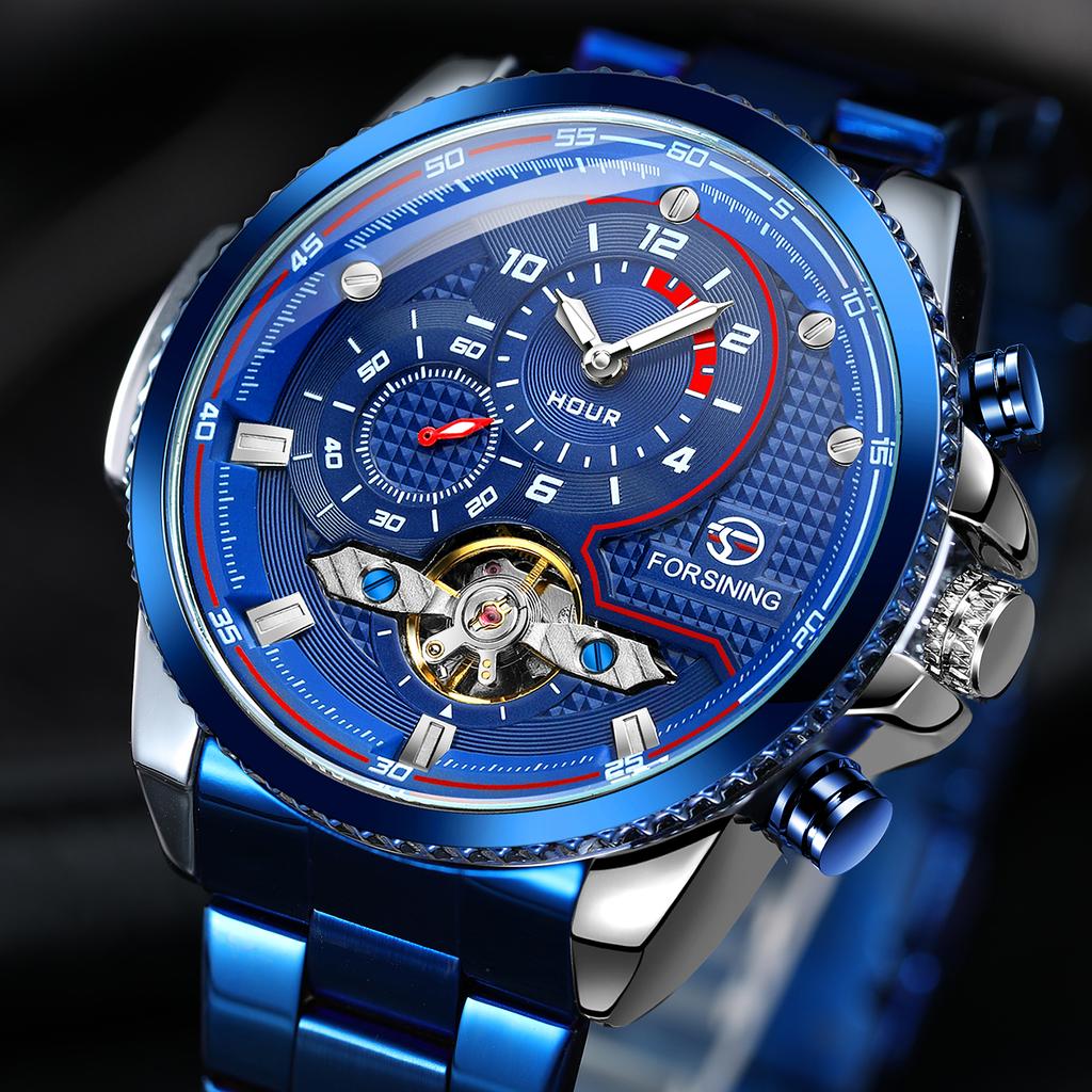Forsining Мужские автоматические часы из нержавеющей стали, водонепроницаемые наручные часы, турбийон, механические с автоподзаводом, наручные часы с бриллиантовым циферблатом