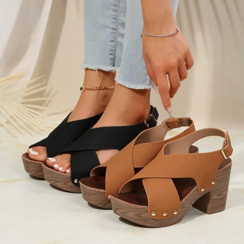 2024 New Hot Selling Fashion Versatile Solid Color Women's Sandals Buckle Comfortable Thick Sole Open Toe Summer Zapatos
