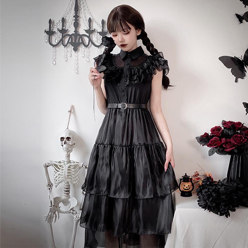 Halloween Diablo Goth Adams Family Ghost Bride Vampire Dress Wednesday cos Dress Little Black Dress