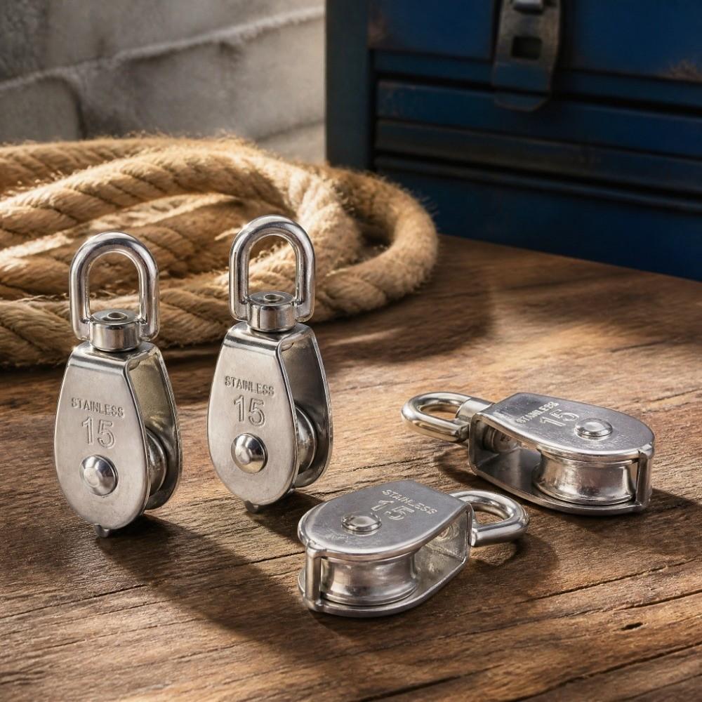 4pcs Silver Single Wheel Pulley 304 Stainless Steel Rope Pulley Block Snap Hook Pulley Lifting