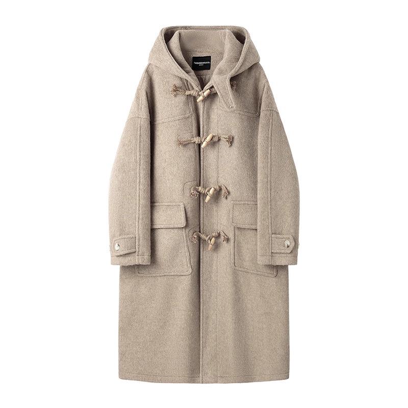 Мужское шерстяное пальто в студенческом стиле: Куртка с роговой пуговицей, с капюшоном, на хлопковом утеплителе, утолщенная, до колена, модная средней длины, для осени и зимы.