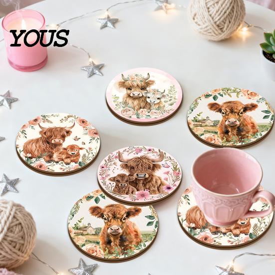 Healing Highland Calf Pattern Gifts Cow Cork Coasters, Cute Floral Farmhouse Drink Mats with Coasters for Drinks Non-Slip Base, Heat Resistant