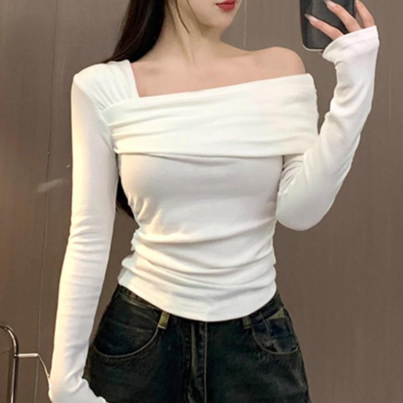 Jielur осенние новые сексуальные однотонные женские футболки, повседневная тонкая футболка с открытыми плечами, кофейный, белый, черный, простой топ с длинными рукавами