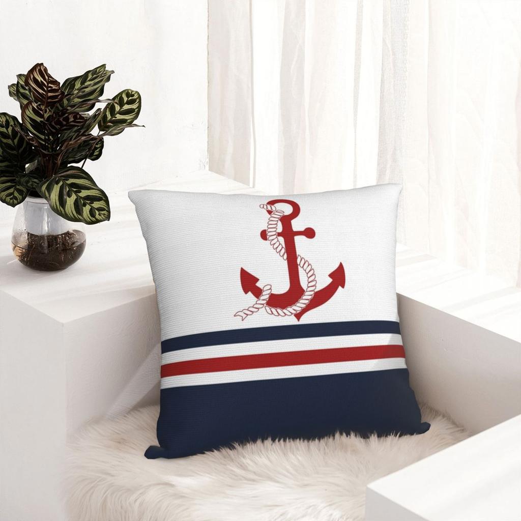 Navy Blue And White Stripes With A Red Anchor Pillow Cases Blue Nautical Anchor Cushion Covers Decor Pillowcase For Home 18"X18"