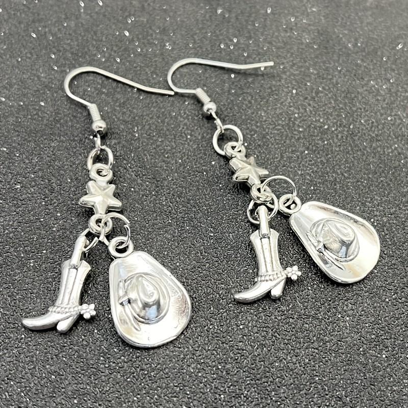 Серебристые сапоги в ковбойской шляпе, дизайн с пентаграммой, висячие серьги, ювелирные изделия из сплава, креативный подарок в готическом стиле для женщин и девочек