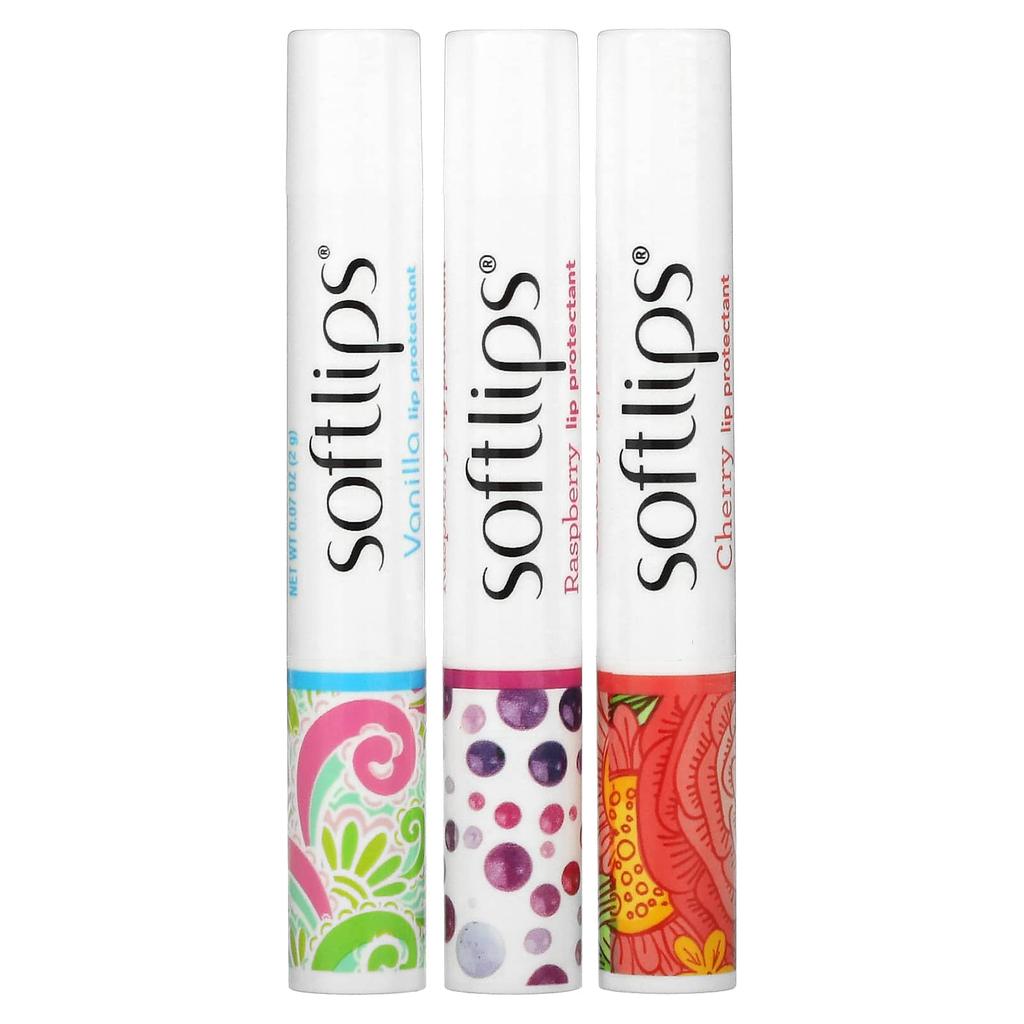 Softlips Защитная помада для губ, вишня, малина, ваниль, 3 упаковки, 2 г (0,07 унции) каждый