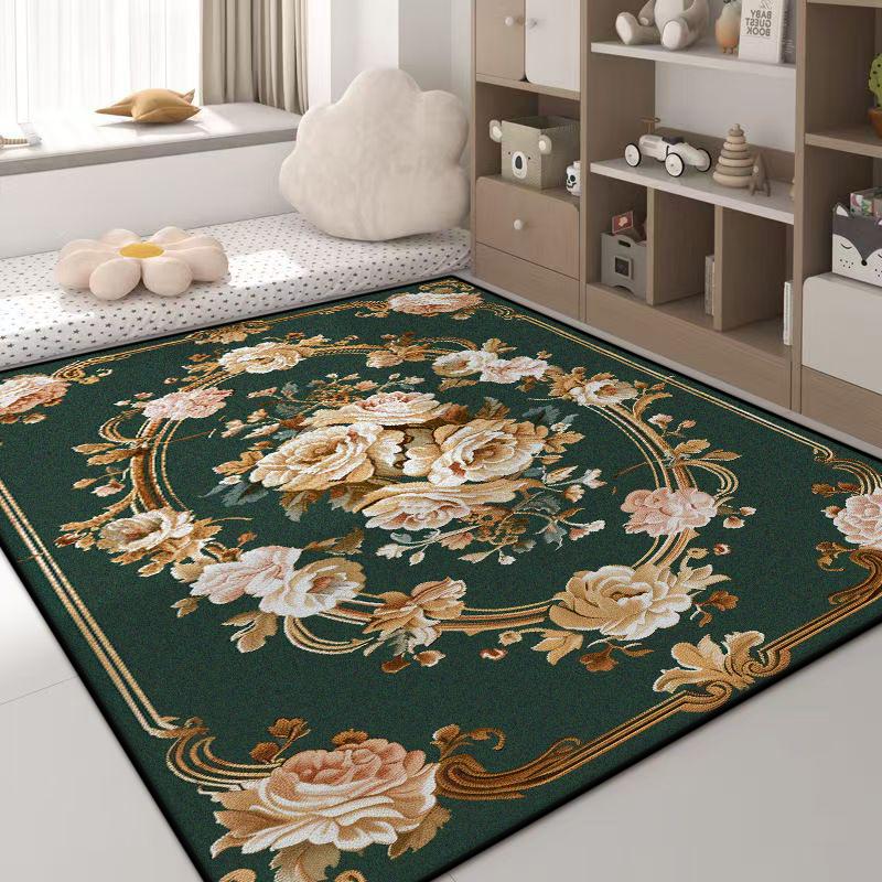 Luxury Green Carpet Flower Design Non-Slip Big Size Living Room Rug Golden Border European Tatami Mat Soft Bedroom Rugs Washable
