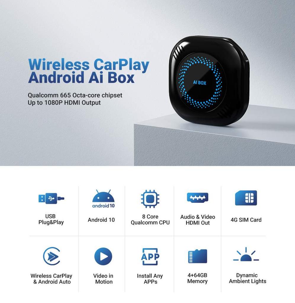 Беспроводная Carplay Box Car Android Auto Box Беспроводная Carplay Android AI Box Android 10 4 ГБ ОЗУ + 64 ГБ ПЗУ GPS WIFI