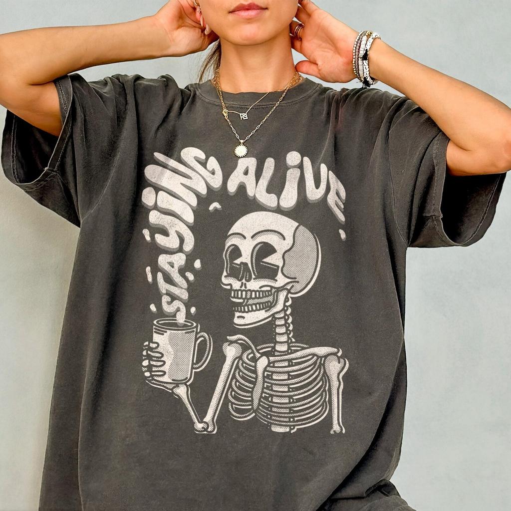 Staying Alive T-Shirt, Skeleton Coffee Comfort Colors Shirt, Funny Distressed Skull T Shirt, Coffee Lovers Gift, Retro Halloween Graphic Tee