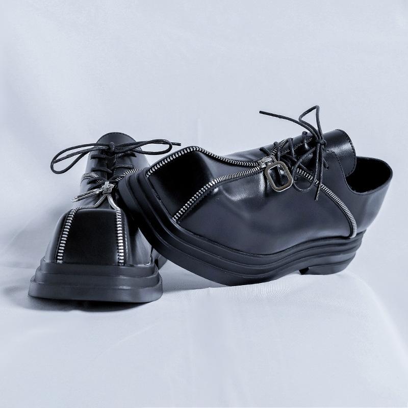 Niche men's shoes platform square head leather shoes men's height increase punk personality zipper design shoes