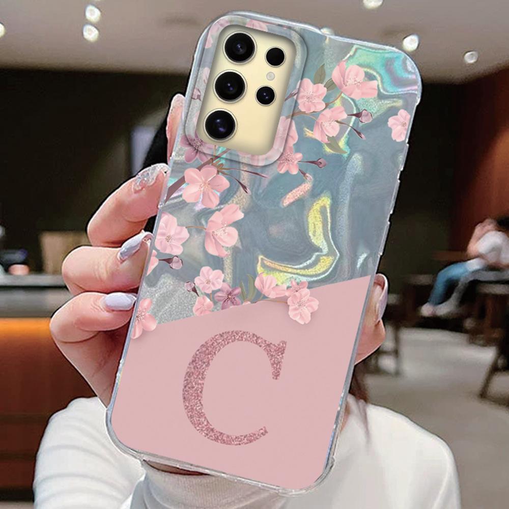 Initial Letter A Z Case For Samsung Galaxy S25 S24 S23 S21 S22 Plus S23 S21 FE Cover Pink Flowers Silicone Back Fundas Bumper