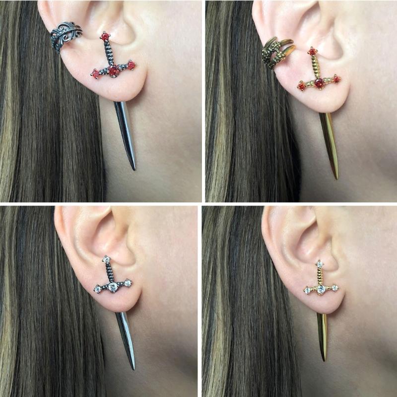 Novel Punk Multicolor Crystal Dagger- Earrings Metal Sword- Handle Studs Earrings for Women Girls Halloween Jewelry Gift