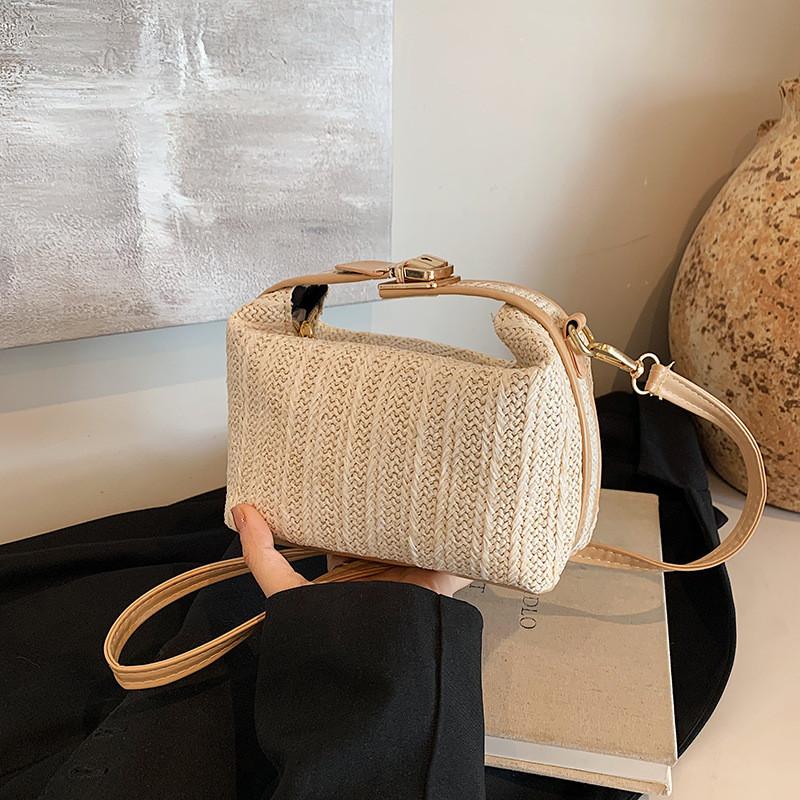 Chic Black And Khaki Pu Woven Shoulder Bag For Summer Beach Vacation Style