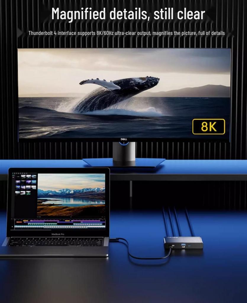 Алюминиевая док-станция Thunderbolt 4: 5-в-1 с быстрой зарядкой PD60W, вывод 8K HD, расширение USB 3.1 для ноутбуков