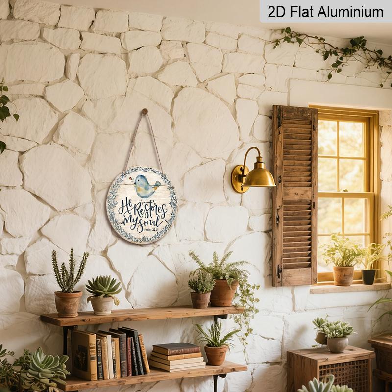 2D Flat, 1pc Round Aluminum Hanging Sign, Vintage Decorative Plaque with Bible Verses And Birds, "He Restores My Soul" Inspirational Quote