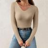 Women's Fashion V-Neck Slim Sweater Long Sleeve Pullover Solid Colour Top