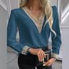 Women's Casual Fashion Solid Color Lace Long Sleeve V-neck Top