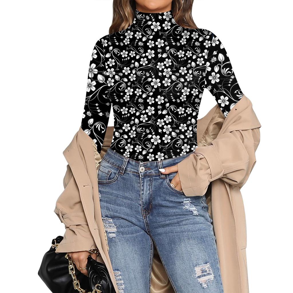 Women's Spring And Autumn One-piece T-shirt Slim Long Sleeve Half High Neck Vintage Printed Bodysuit Tops