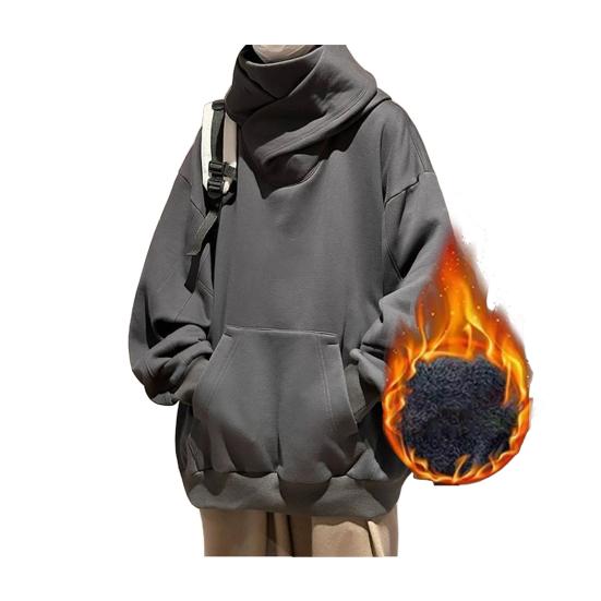 Fall Winter Men Hoodie Oversize Hooded Long Sleeves Pure Color Hip Hop High Collar Big Patch Pocket Elastic Cuff Mid Length Warm Top