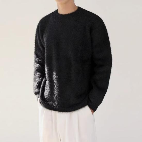 Осенне-зимний мужской свитер, свободный, толстый, трикотажный, пушистый, однотонный, с круглым вырезом, длинным рукавом, эластичный, средней длины, свитер для повседневной носки