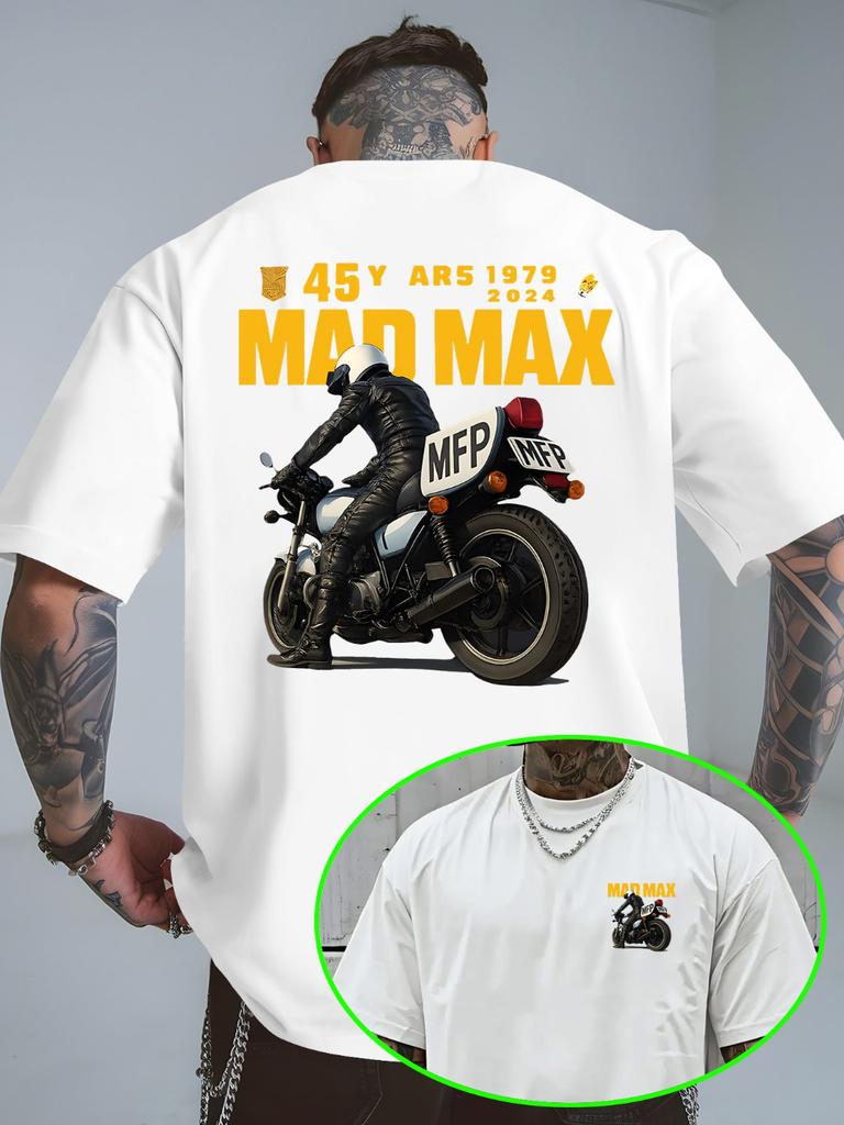 Unisexs Tshirt with A Simple Mini Print on The Front and MAD MAX Hardcore Biker Art on The Back Suitable for Daily Casual Wear