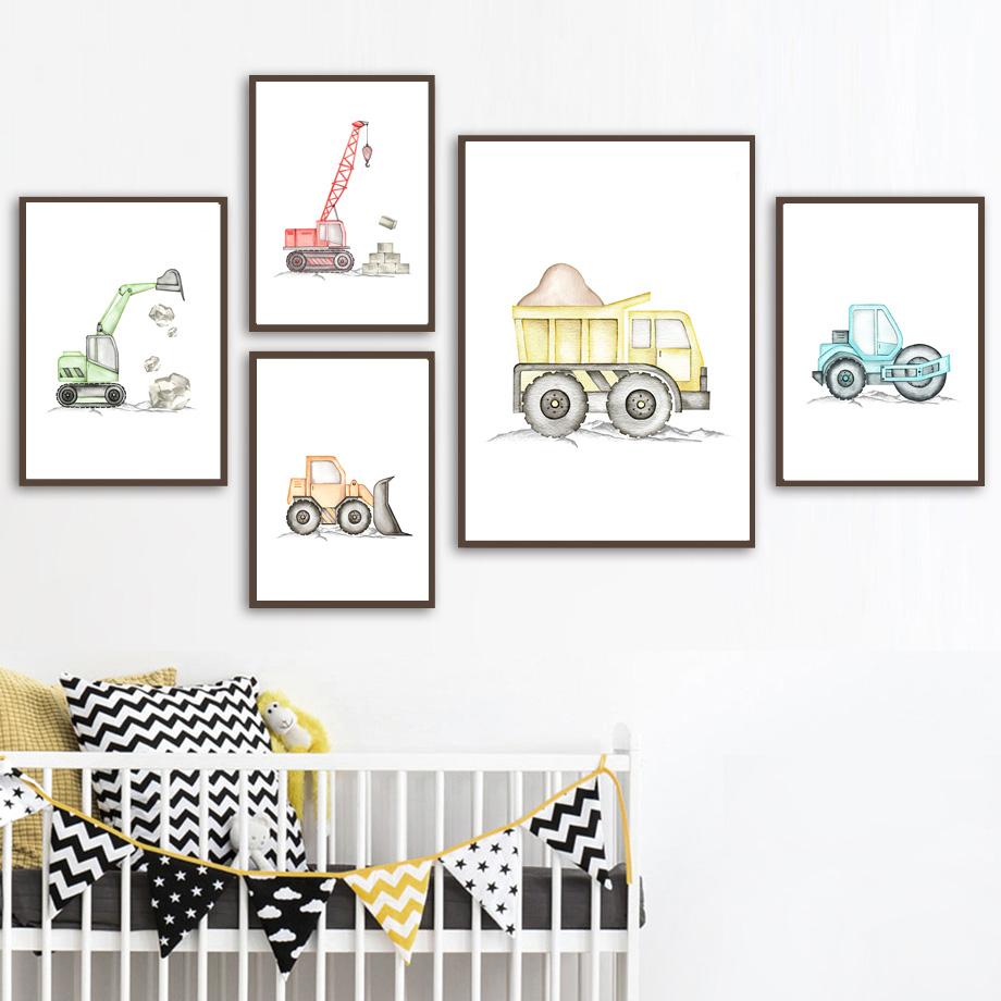 Строительные грузовики, транспорт, автомобиль, детская настенная живопись, холст, картина, плакат на скандинавскую тему, настенные панно для декора комнаты для маленьких мальчиков