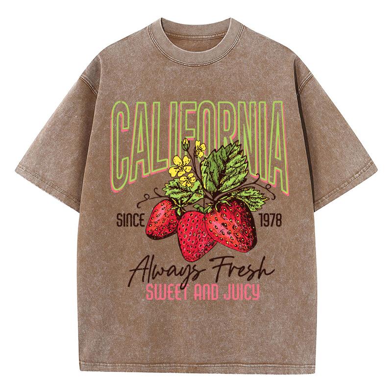 Womans Cotton Washed T-Shirts All-Math O-Neck Distressed Short Sleeve California Strawberries Print Tops Summer Female Clothes
