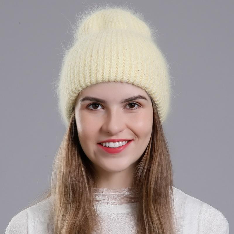Женская зимняя теплая вязаная шерстяная универсальная шапка-пуловер с высокими фланцами и блестками из кроличьей шерсти