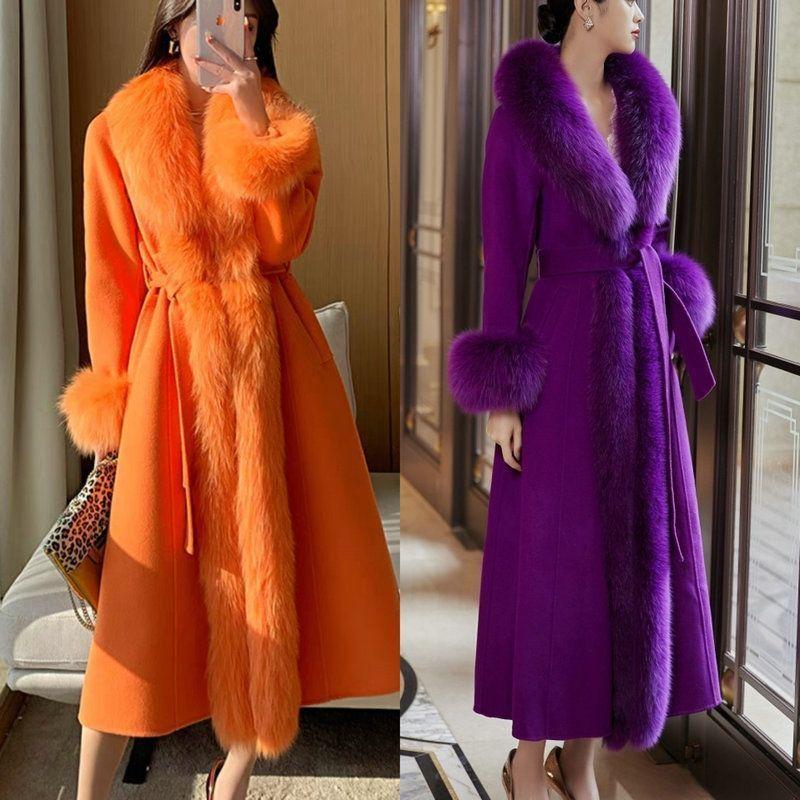 Новый утолщенный шерстяной меховой воротник кашемировое новое пальто из искусственной норки пальто из искусственной кожи длинное пальто знаменитости