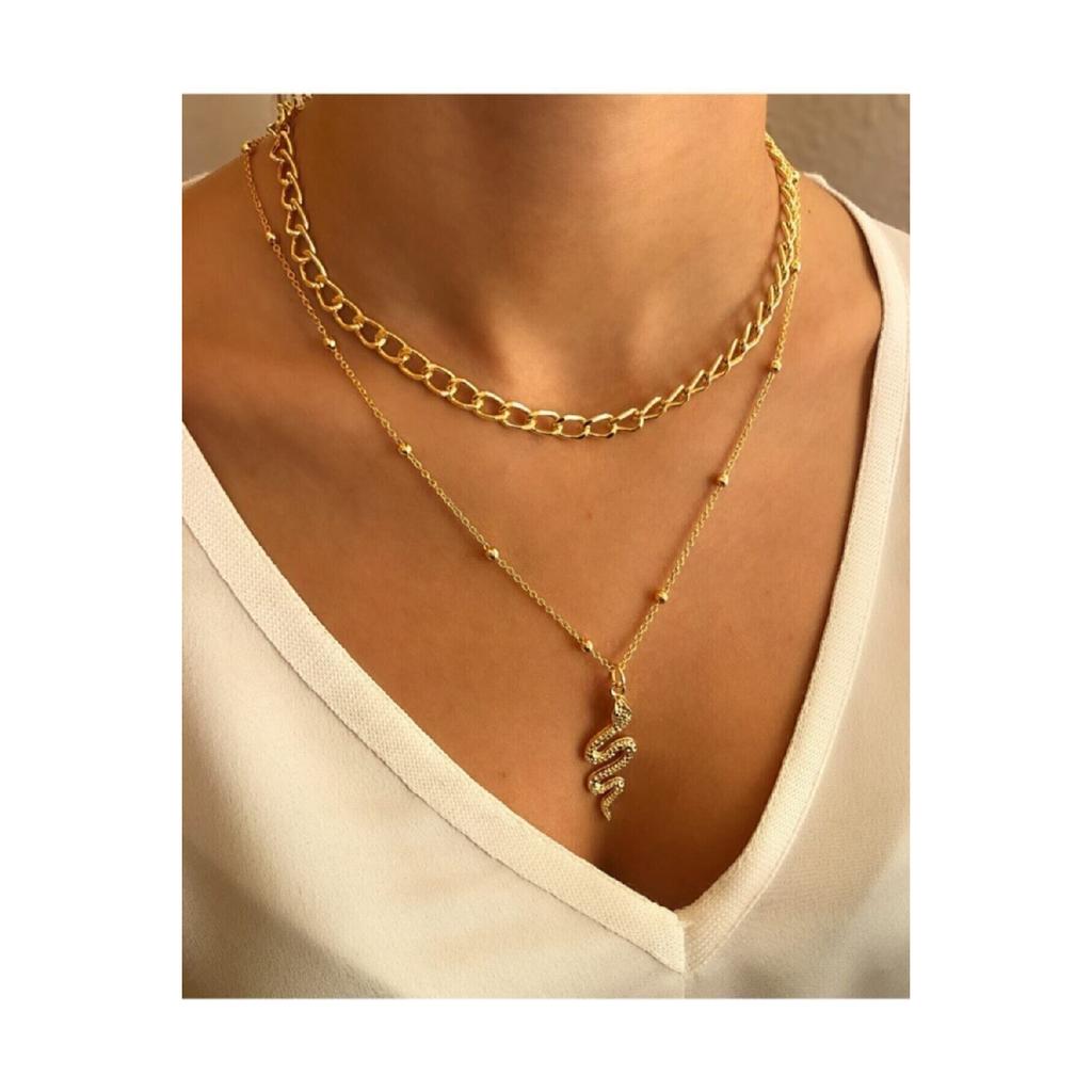 Женское колье «Змея», комбинированное золото, цвет золота, 2 предмета