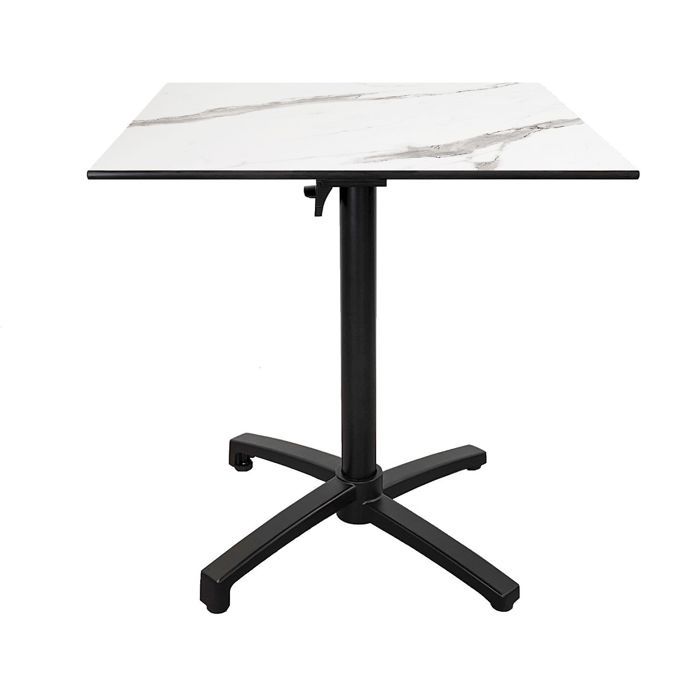 Foldable Terrace Table In Compact HPL White Marble Decor 70 X 70