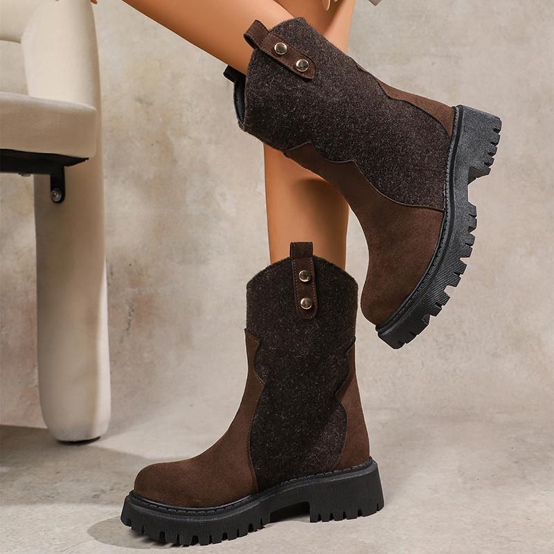 Модные Модные Ботинки до середины икры на массивной платформе для женщин Плиссированный дизайн Искусственная кожа Ковбойские ботинки Женские Осенне-зимние Ботас Де Мухер 2025