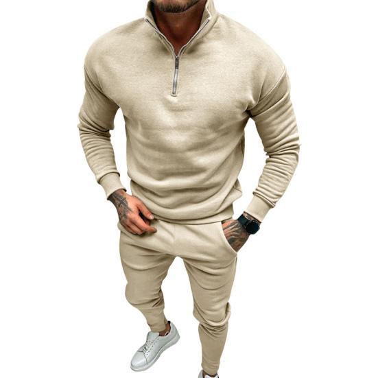 2 Pcs/Set Men Top Pants Suit Half-high Collar Long Sleeve Solid Color Soft Elastic Waist Zipper Thick Warm Pockets Men Winter Tracksuit Sweatshirt