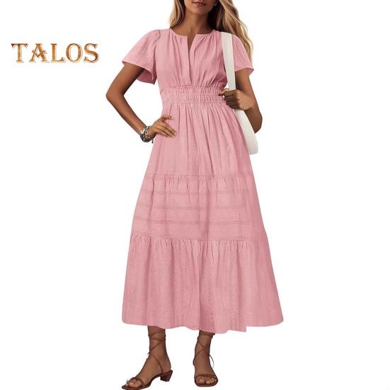 Женское летнее платье макси, повседневное платье с V-образным вырезом, коротким рукавом, многослойное струящееся платье, присборенная талия, плиссированное длинное платье