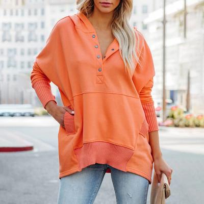 Женская толстовка с капюшоном большого размера на пуговицах с V-образным вырезом, длинными рукавами и карманами на весну, осень, зиму