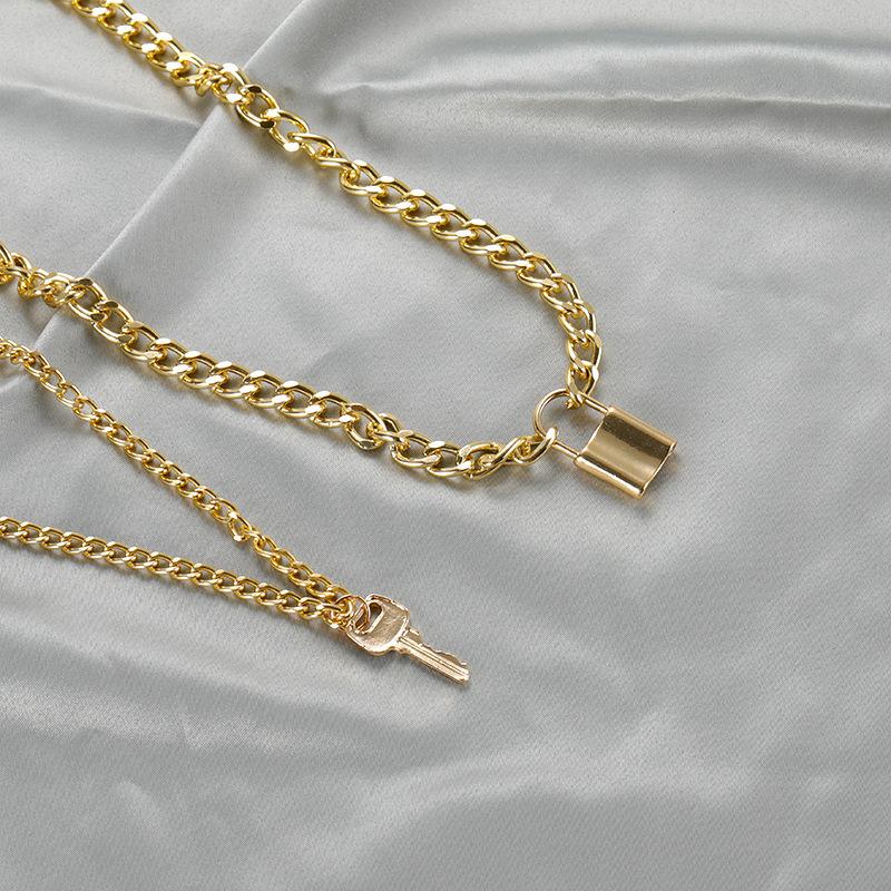 Винтажное креативное колье в стиле панк, преувеличенная толстая цепочка, ювелирное изделие, ключ с замком, двухслойное ожерелье, женское металлическое ожерелье на шею в стиле хип-хоп